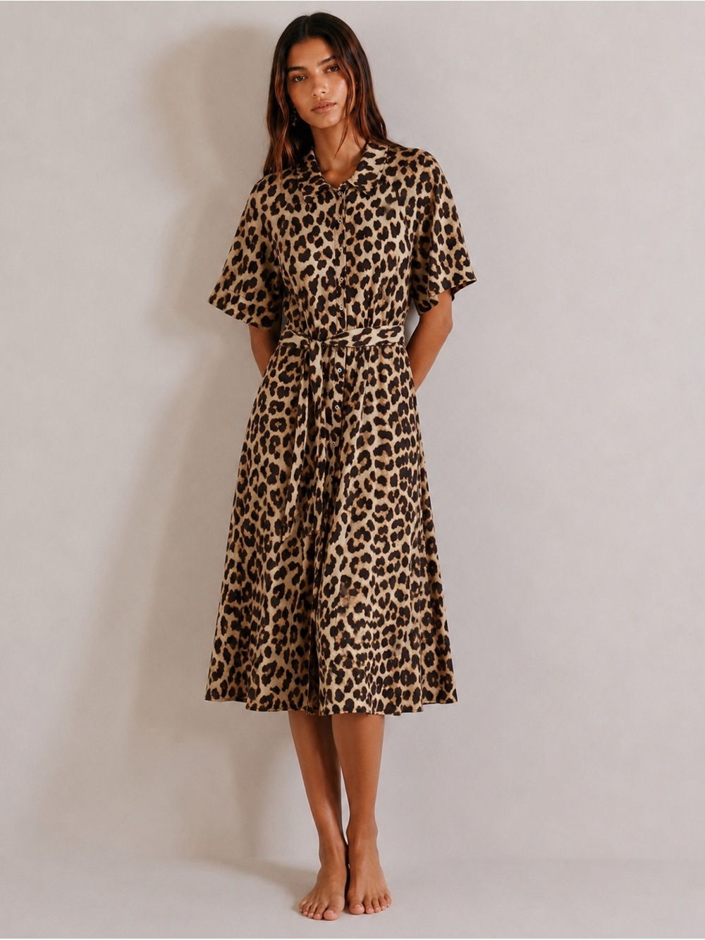 H&M Leopard Print Button-Front Midi Dress in Brown and Black